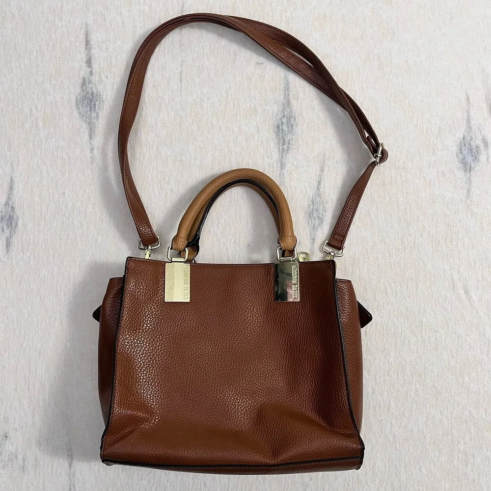 Steve Madden Brown Pebbled Faux Leather Satchel Tote Bag Crossbody Shoulder